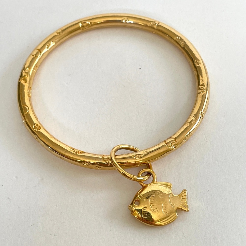 Trifari Vintage Gold Tone Bangle Bracelet with Fish Charm